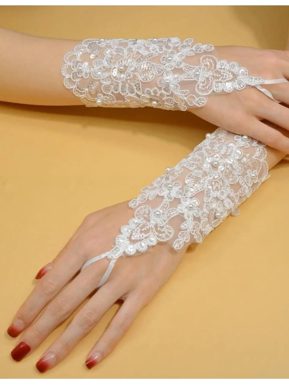 Lace Fingerless Gloves with Sequin Embellishments - White